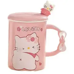 GENERICO - Taza Tazon Mug Gatita Kitty +Tapa + Cuchara Rosa chinita