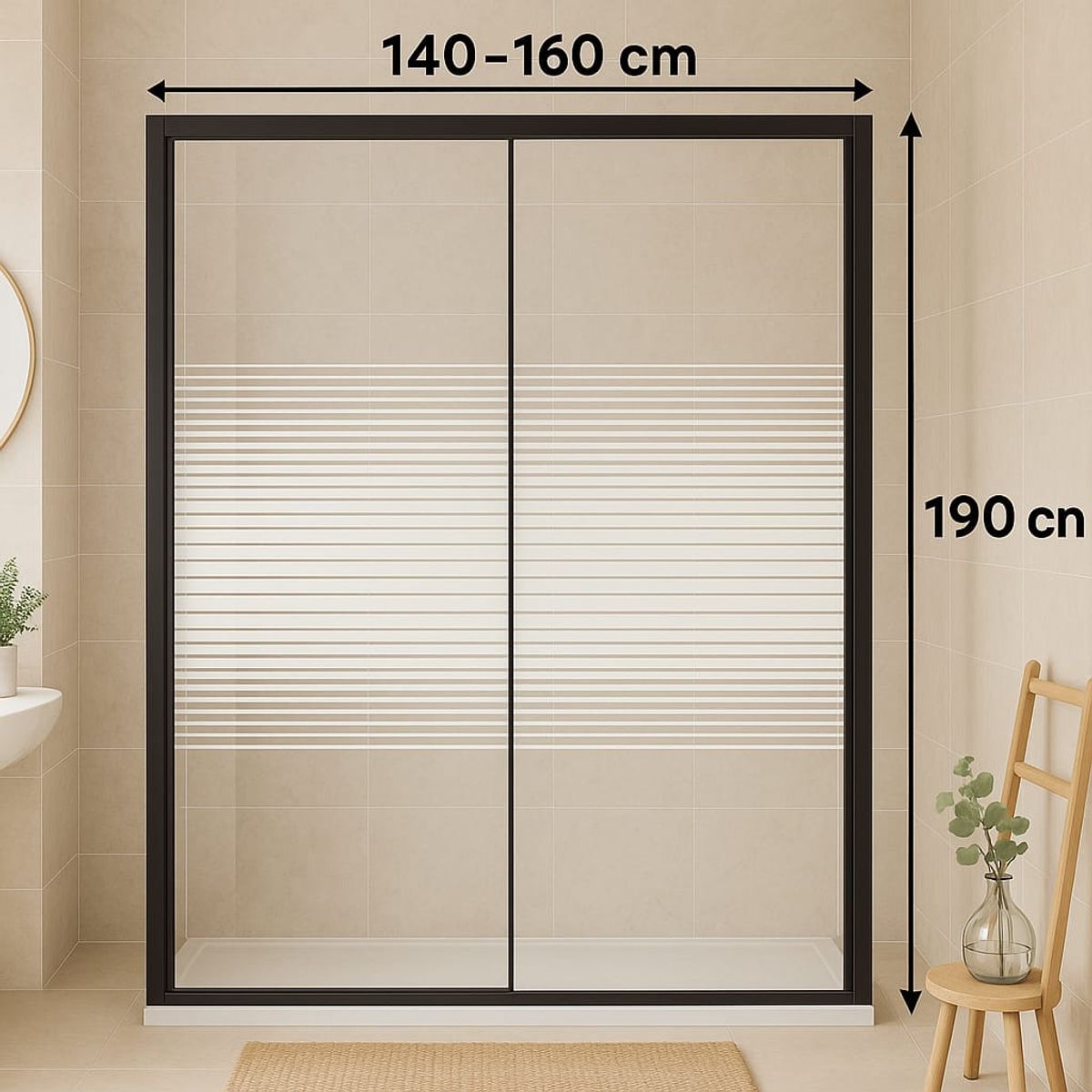 GENERICO - Mampara Vidrio Templado 140-160 X 190 Perfil Negro Y Rayas Blancas