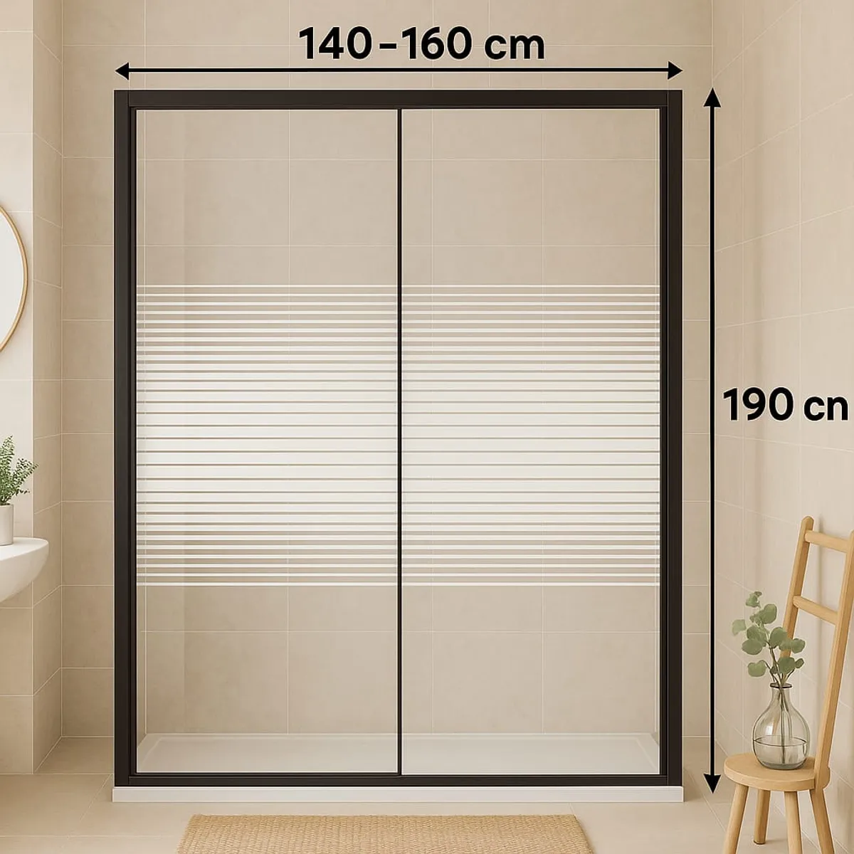 GENERICO - Mampara Vidrio Templado 140-160 X 190 Perfil Negro Y Rayas Blancas