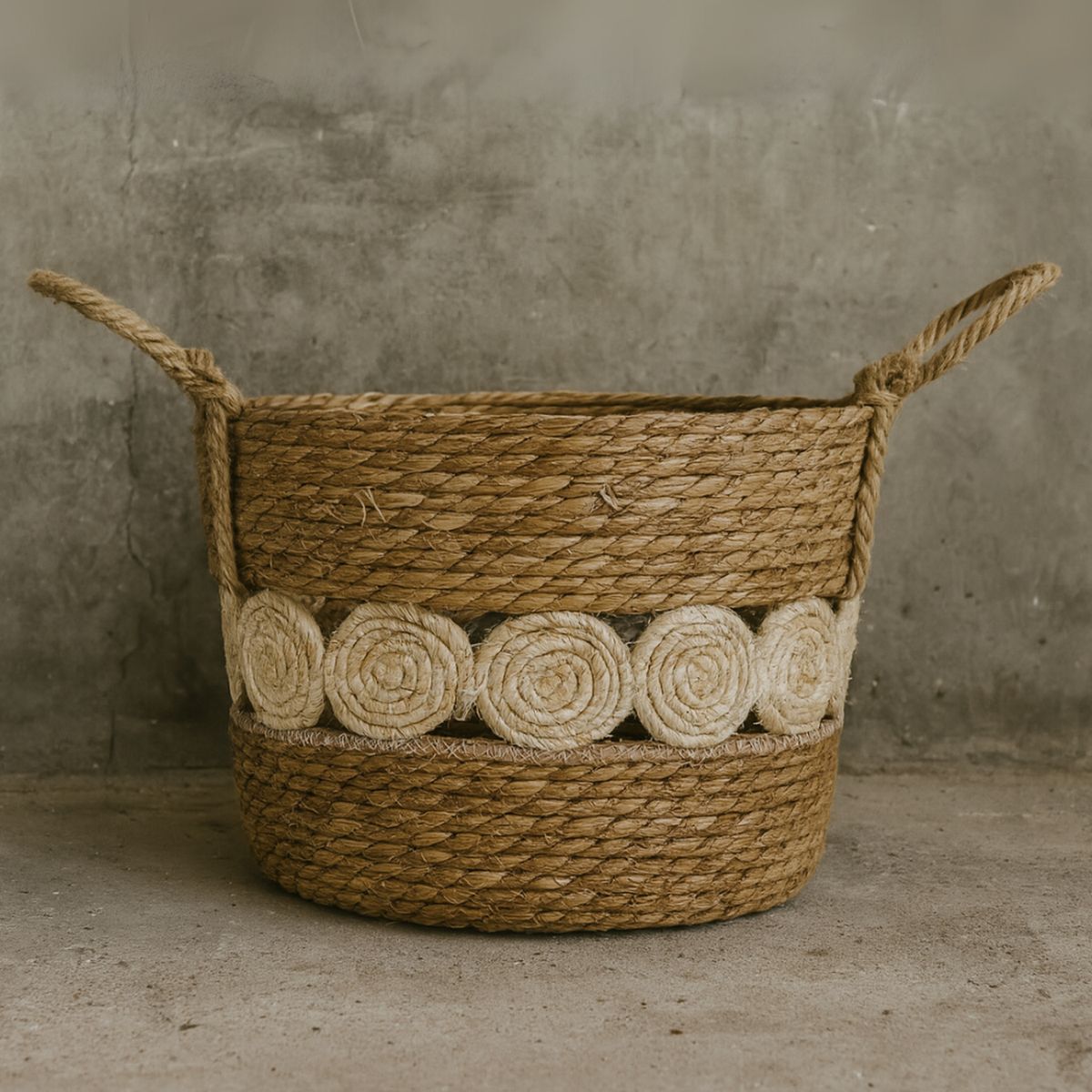 GENERICO - Canasto Cesta Yute Diseño Circulos Tejido Estilo Rustico L