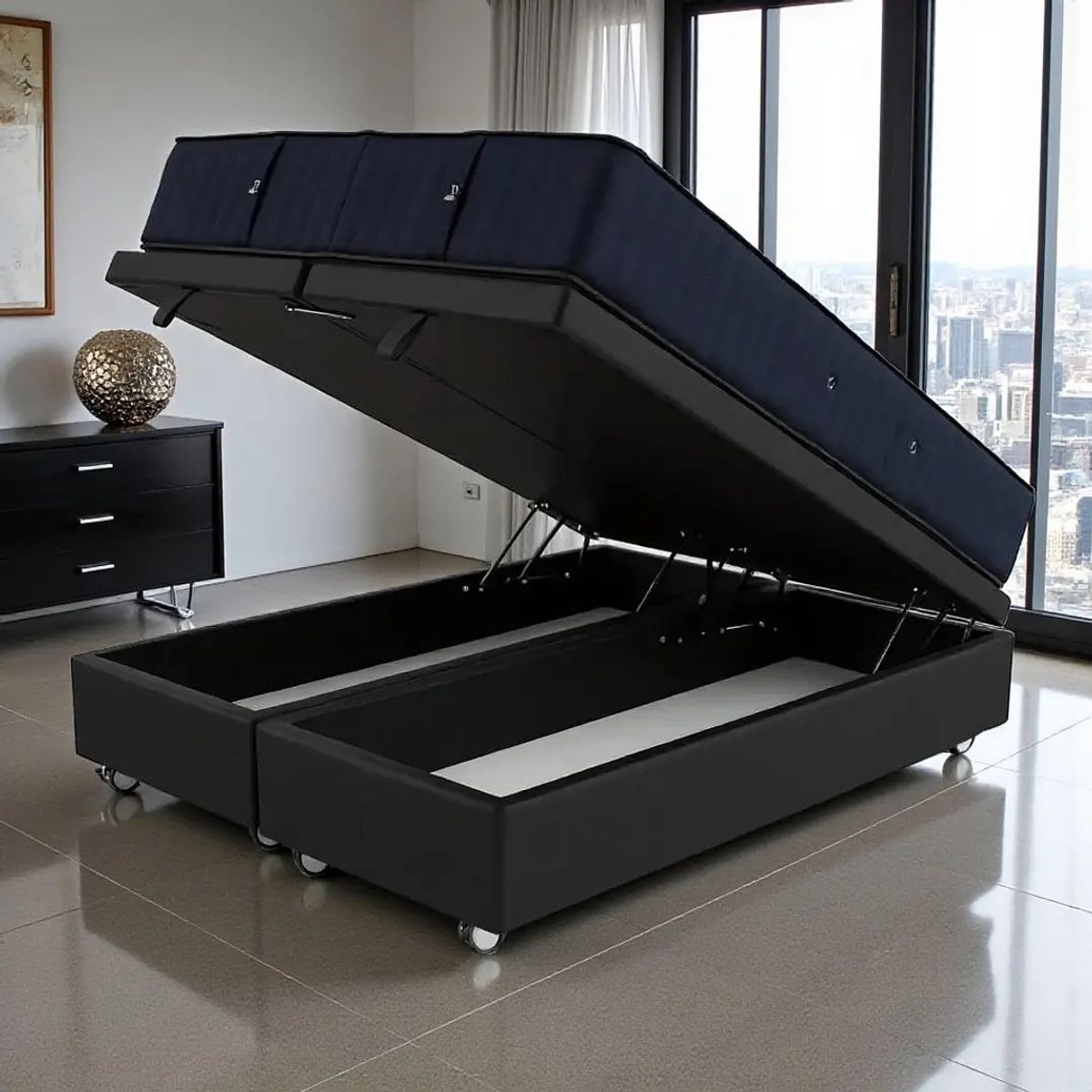 BLOCCARE - Cama Baul King + Colchon CIC PREMIUM  Con Ruedas LOGO Negro