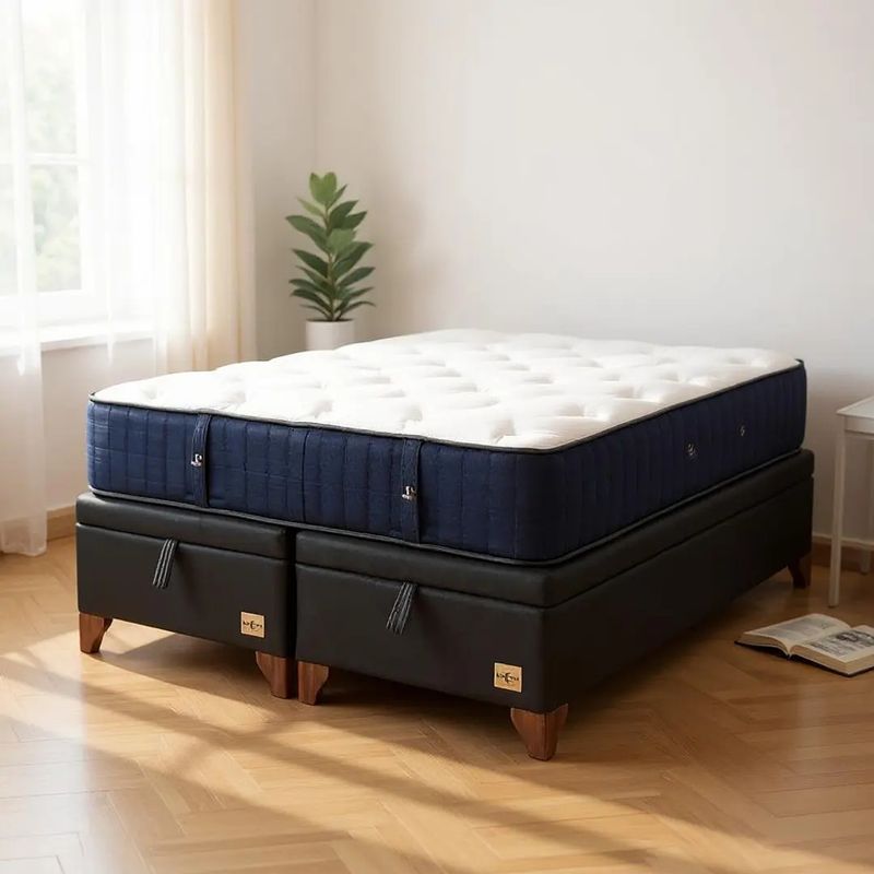 BLOCCARE - Cama Baul King + Colchon CIC SUPERPREMIUM Patas Madera 45CM Negro