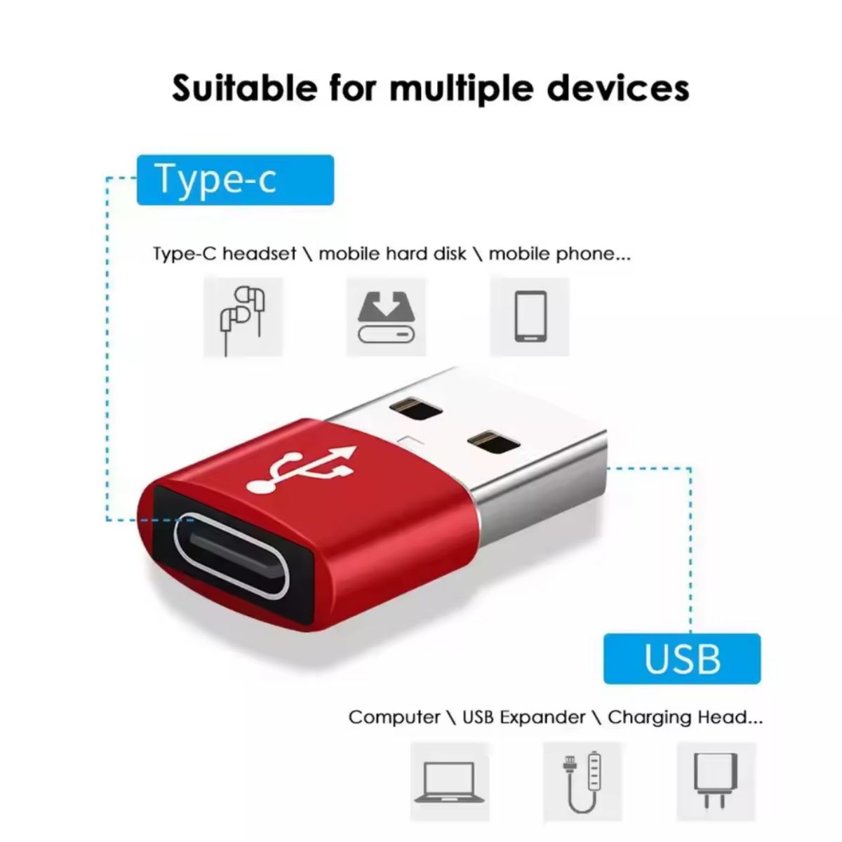 GENERICO - Adaptador Usb Tipo C A Usb  Rojo - Multiuso Premium - Certificado