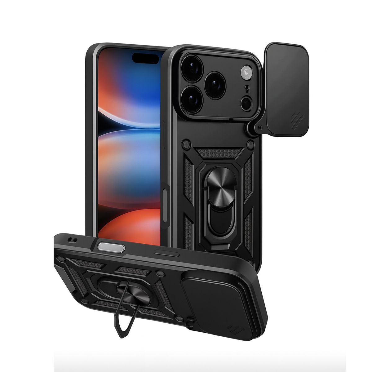JOIGO - Carcasa Armadura Con Anillo Y Ventana Camara Para IPhone 17 Pro Negro