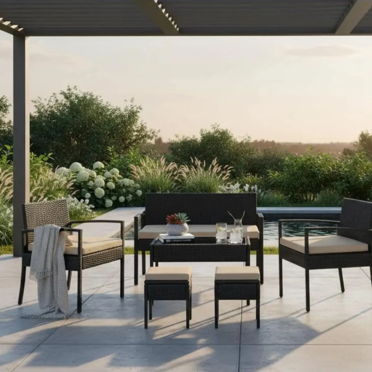 GENERICO - Juego De Living Terraza 6 Personas Hawai  Beige Cojines Impermeables