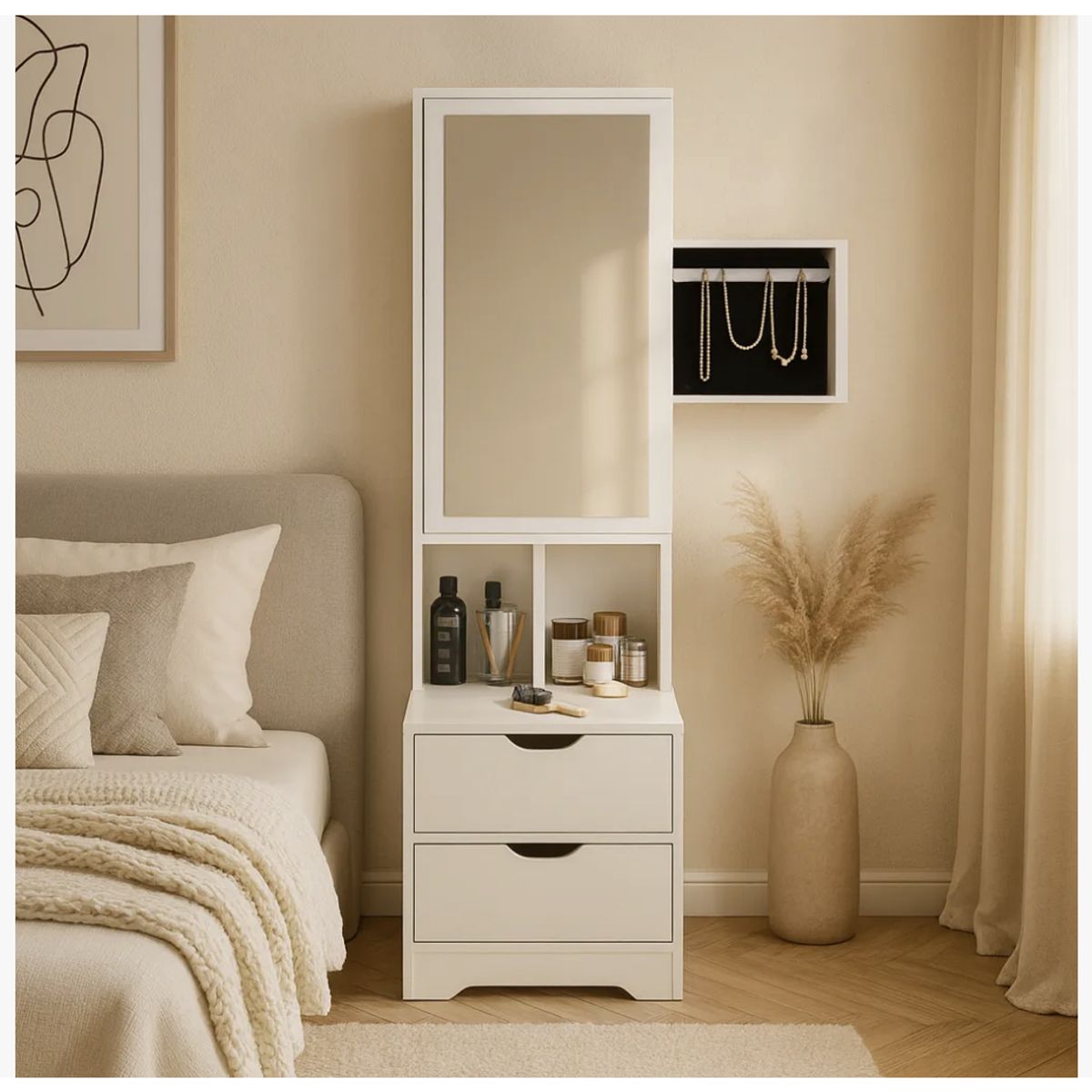 HOMER DESIGN - Velador Alto 162x40x40cm Con Espejo Y joyero Espacio Para almacenar