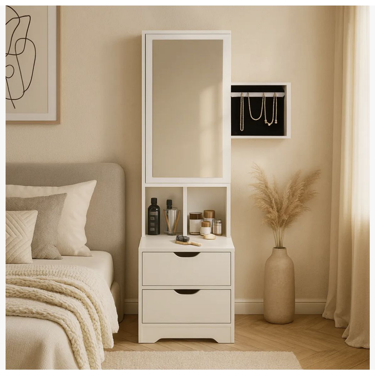 HOMER DESIGN - Velador Alto 162x40x40cm Con Espejo Y joyero Espacio Para almacenar