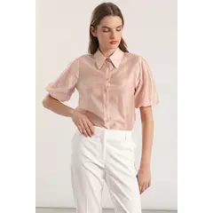 LIOLA - Blusa semitransparente manga globo mujer rosa
