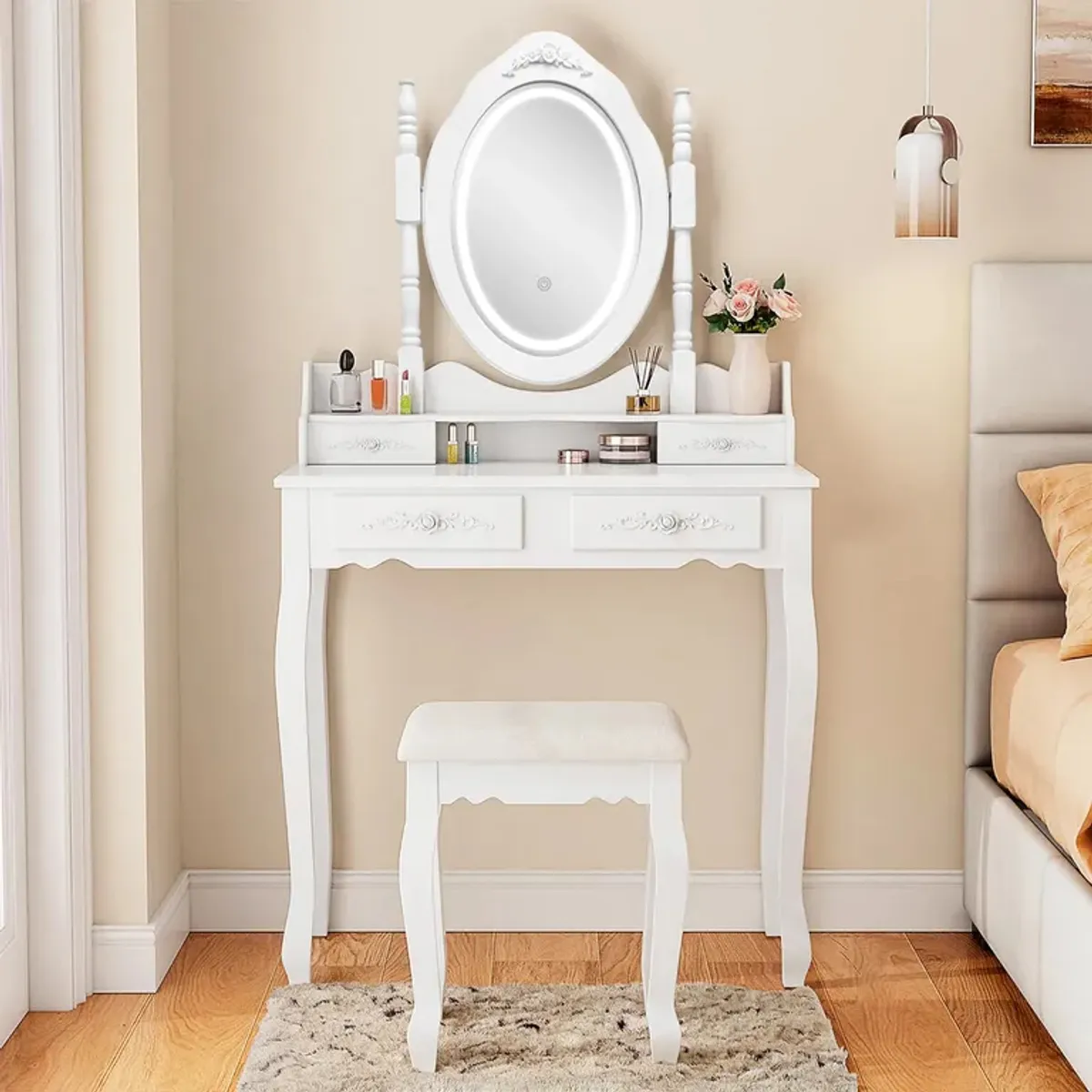 ANYHOGAR - Tocador Con Espejo Iluminado Y Taburete Acolchado Blanco