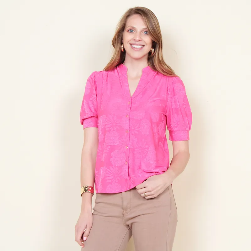 WADOS - BLUSA MANGA CORTA SOLIDA ABOTONADA EN DELANTERO ESCOTE V