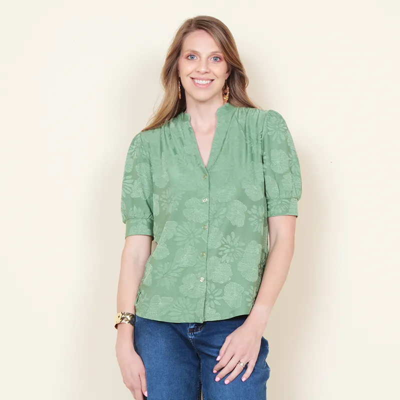 WADOS - BLUSA MANGA CORTA SOLIDA ABOTONADA EN DELANTERO ESCOTE V