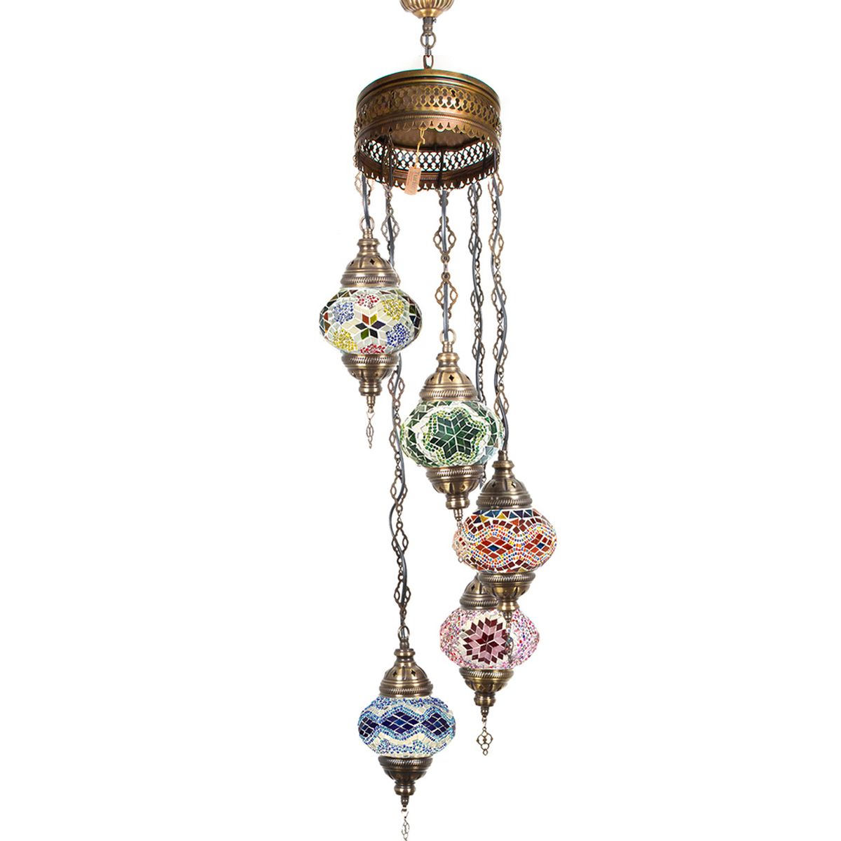 TURKUAZ - Lámpara turca colgante de 5 esferas S mixtas espiral