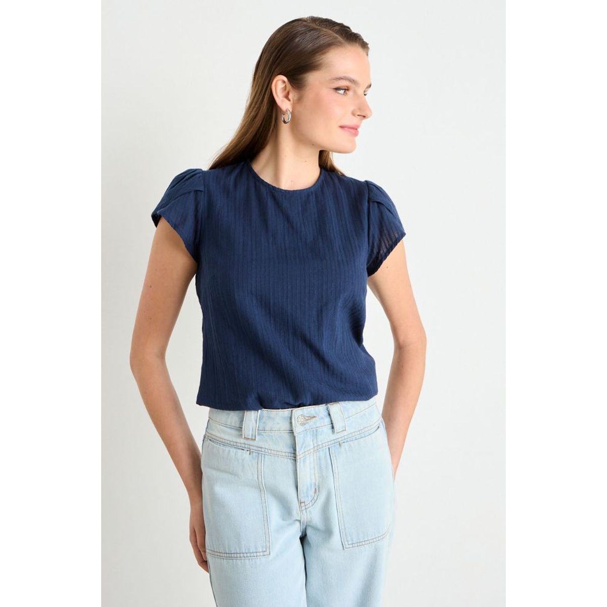 IO - Blusa Manga Corta Lisa Mujer Azul Io