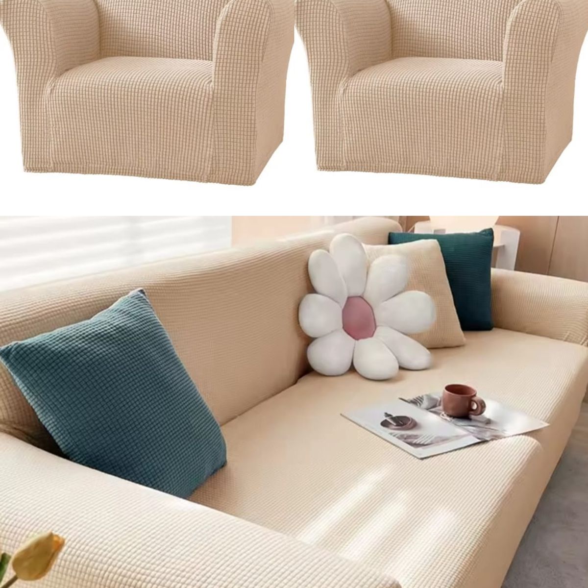 GENERICO - Fundas sofa 3+1+1 texturizado set cubre sillón beige