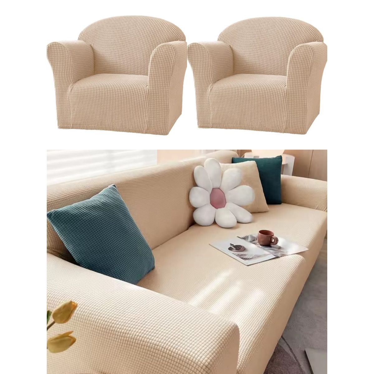 GENERICO - Fundas sofa 3+1+1 texturizado set cubre sillón beige