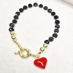 GENERICO - Pulsera de Cristales Negros Corazon Rojo