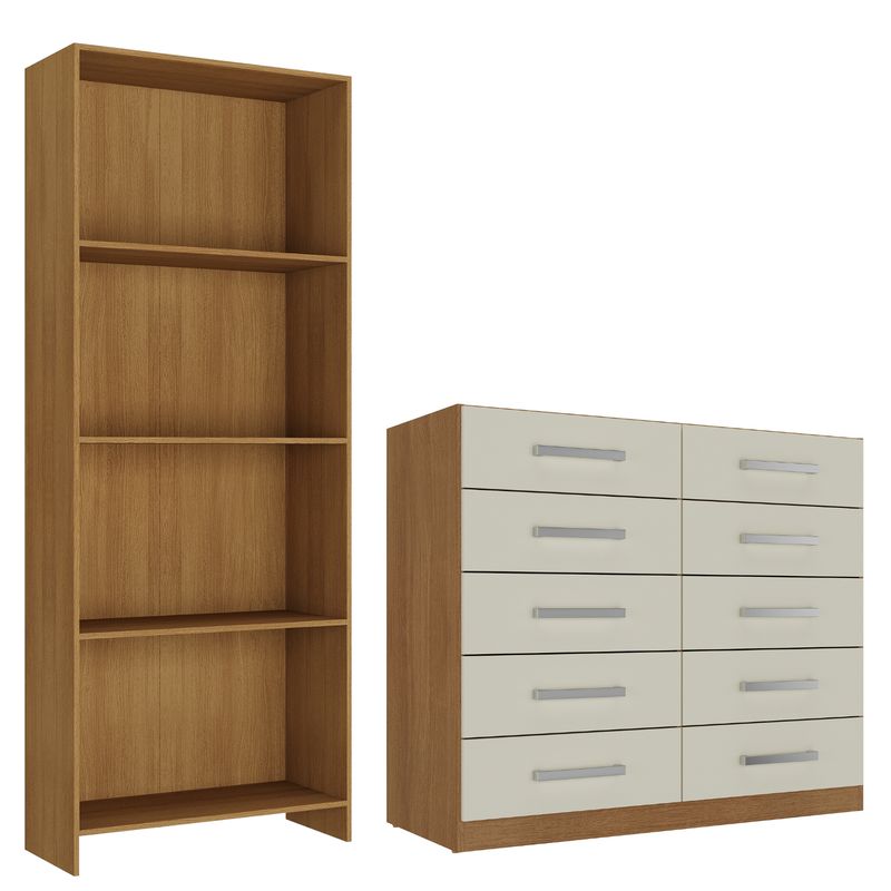 MOVELARIA - Combo Cómoda 10 Cajones Off White + Librero Color Natural R1016