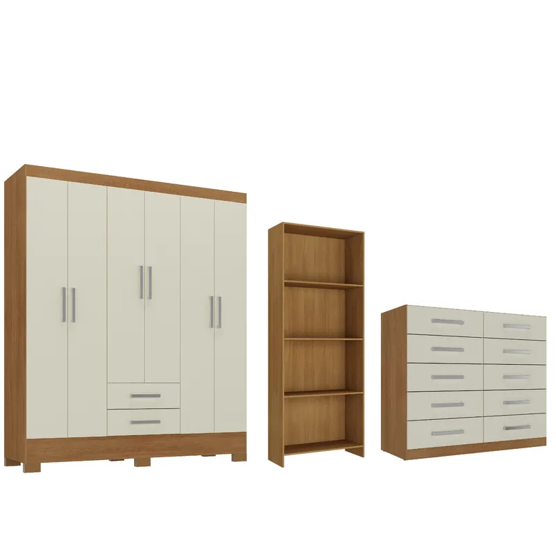 MOVELARIA - Combo Clóset 6 Puertas + Cómoda 10 Cajones Off White + Librero Color Natural R621016