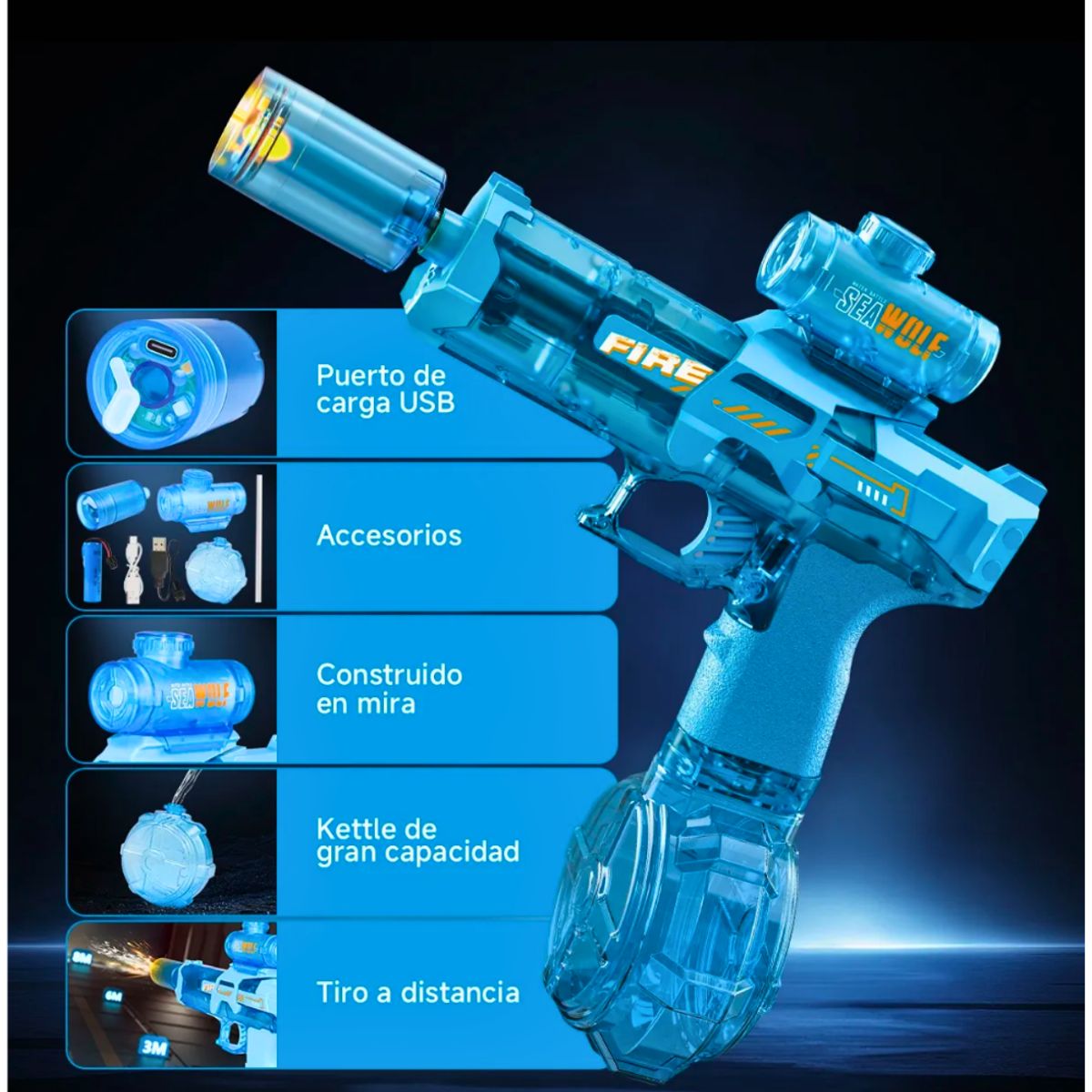 MOVI - PISTOLA DE AGUA ELÉCTRICA CON LUZ, 300 ML