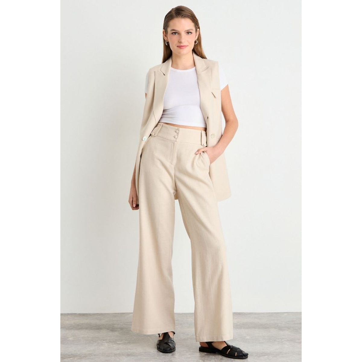 IO - Pantalon Liso Mujer Beige Io