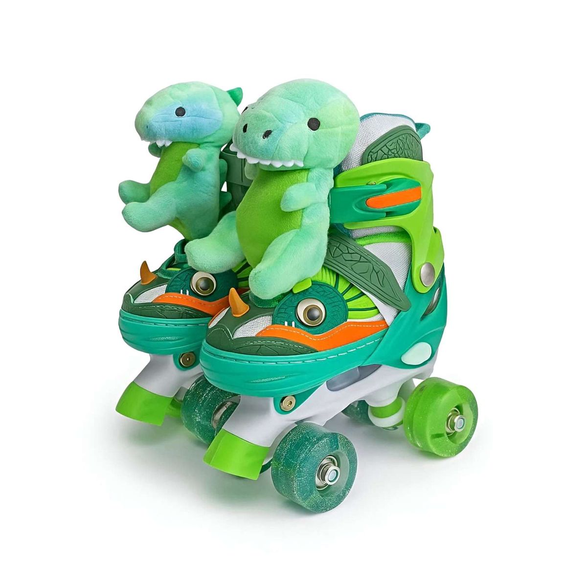 GENERICO - PATIN 4  RUEDAS DINOPATIN CON PELUCHE VERDE TALLA S 31-34