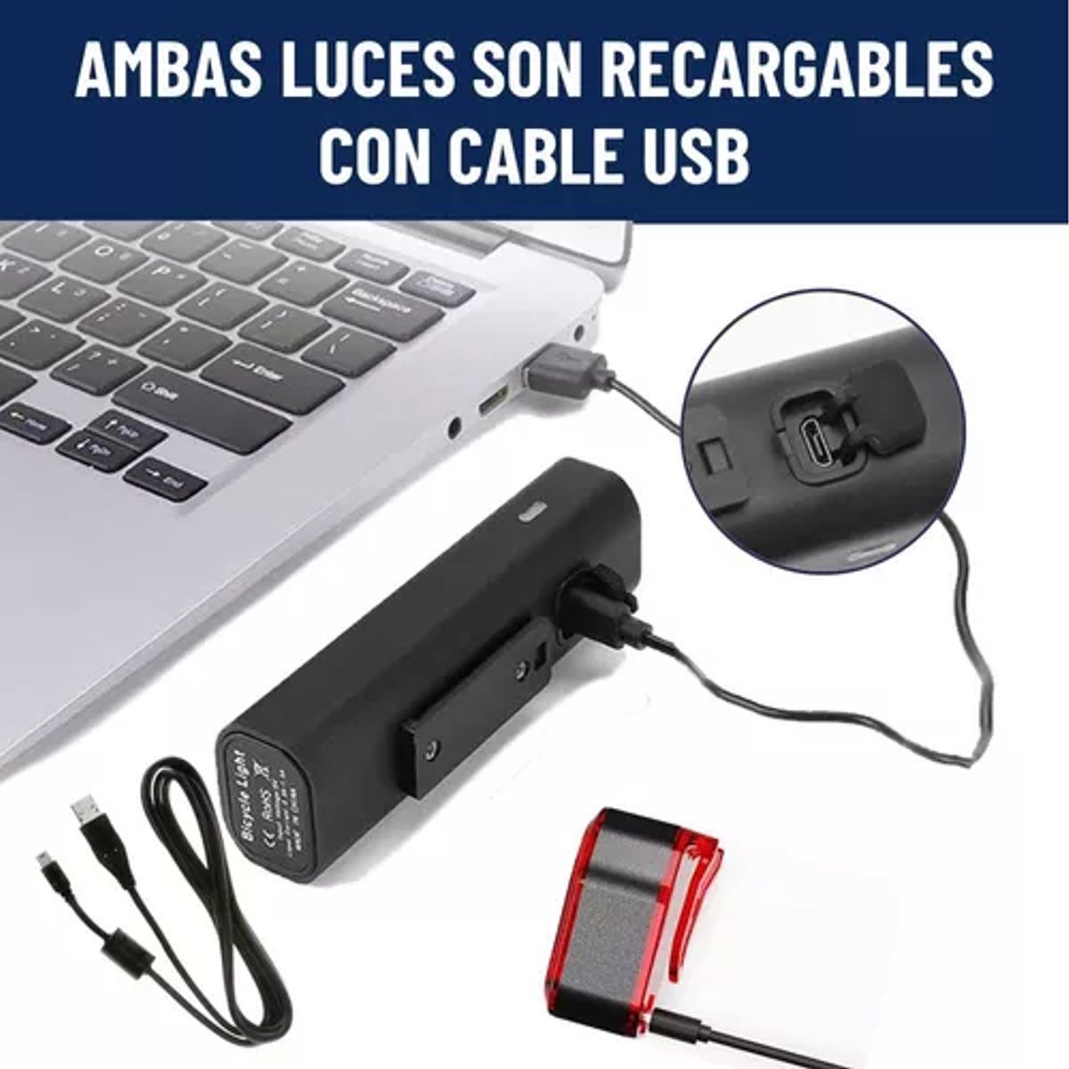 GENERICO - Set luces bicicleta delantera-rasera USB Maxwell impermeable negro