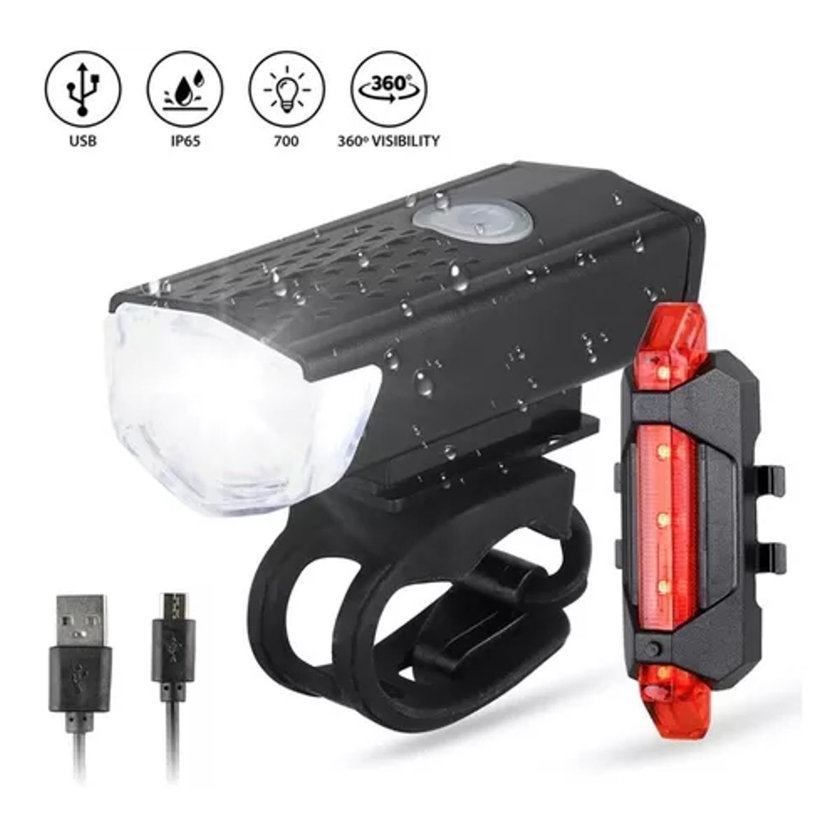GENERICO - Pack de luz para bicicleta delantera y trasera recargable por USB