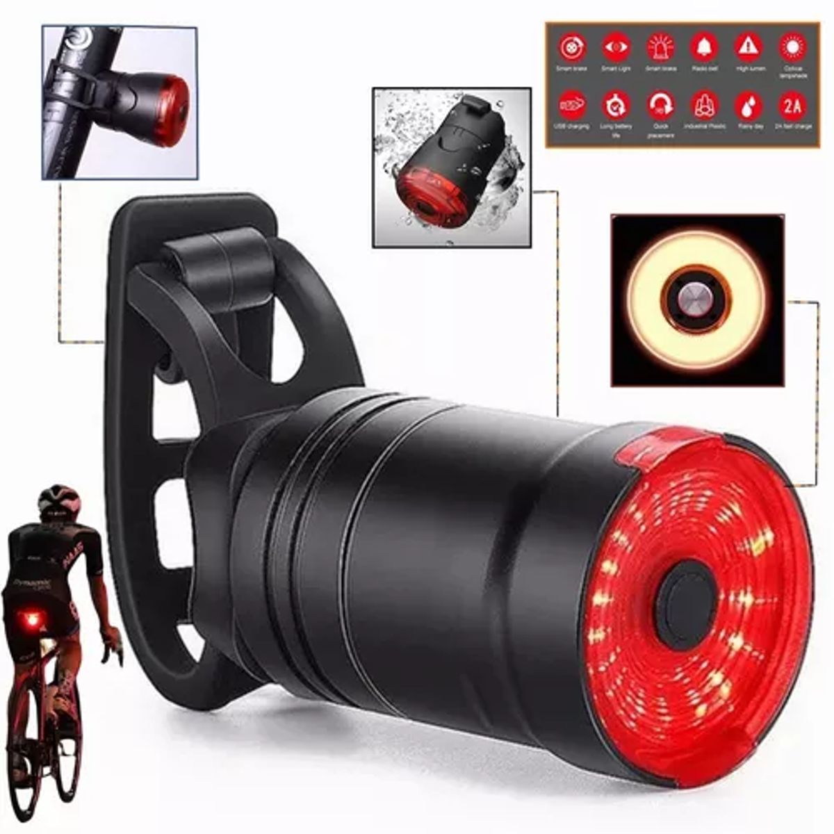 GENERICO - Luz de bicicleta LED con sensor de freno recargable por USB IPX6