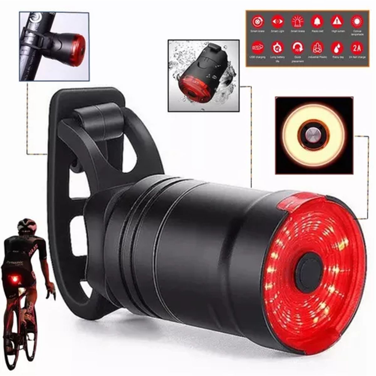 GENERICO - Luz de bicicleta LED con sensor de freno recargable por USB IPX6