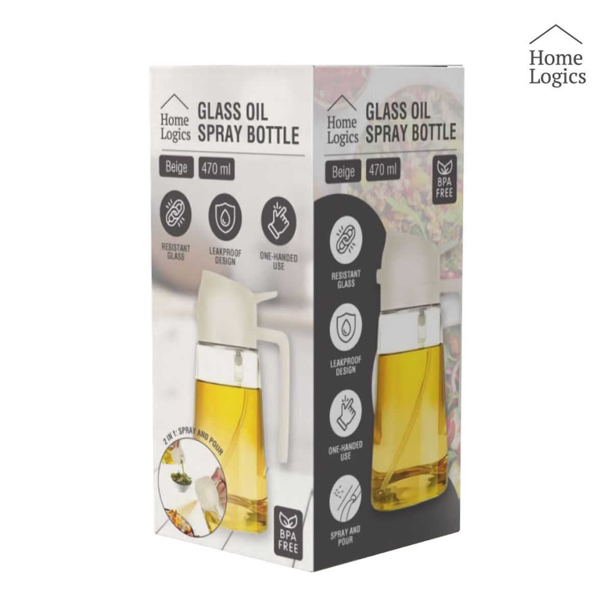 HOME LOGICS - Aceitera 2 en 1 Pulverizador y Dispensador 470ml Home Logics Beige