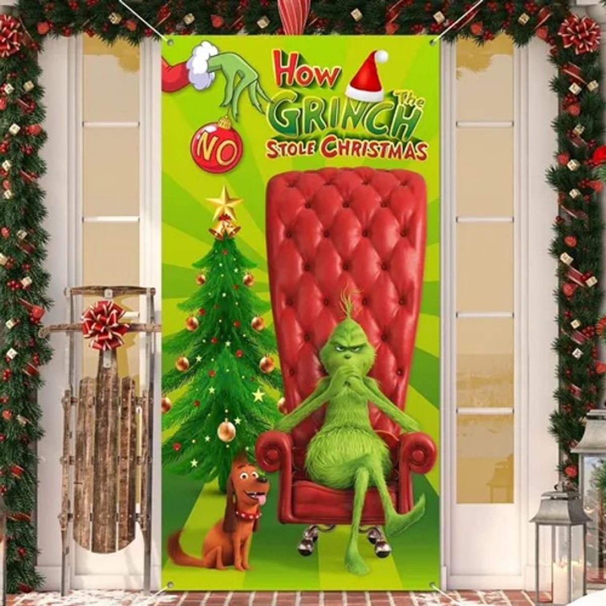 GENERICO - FUNDA PARA PUERTA CON DISEÑOS NAVIDEÑOS VERDE GRINCH 90X210CM MP
