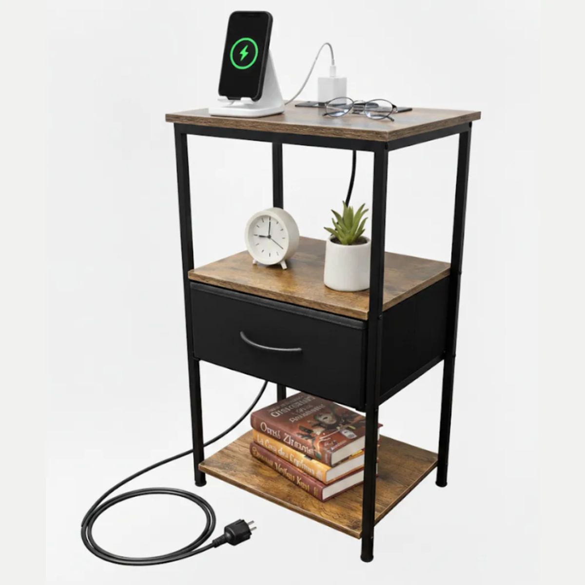 SIMPEL HOME - Velador Con Puerto Usb Y Tomacorrientes Simpel Mesa Noche Mate Café