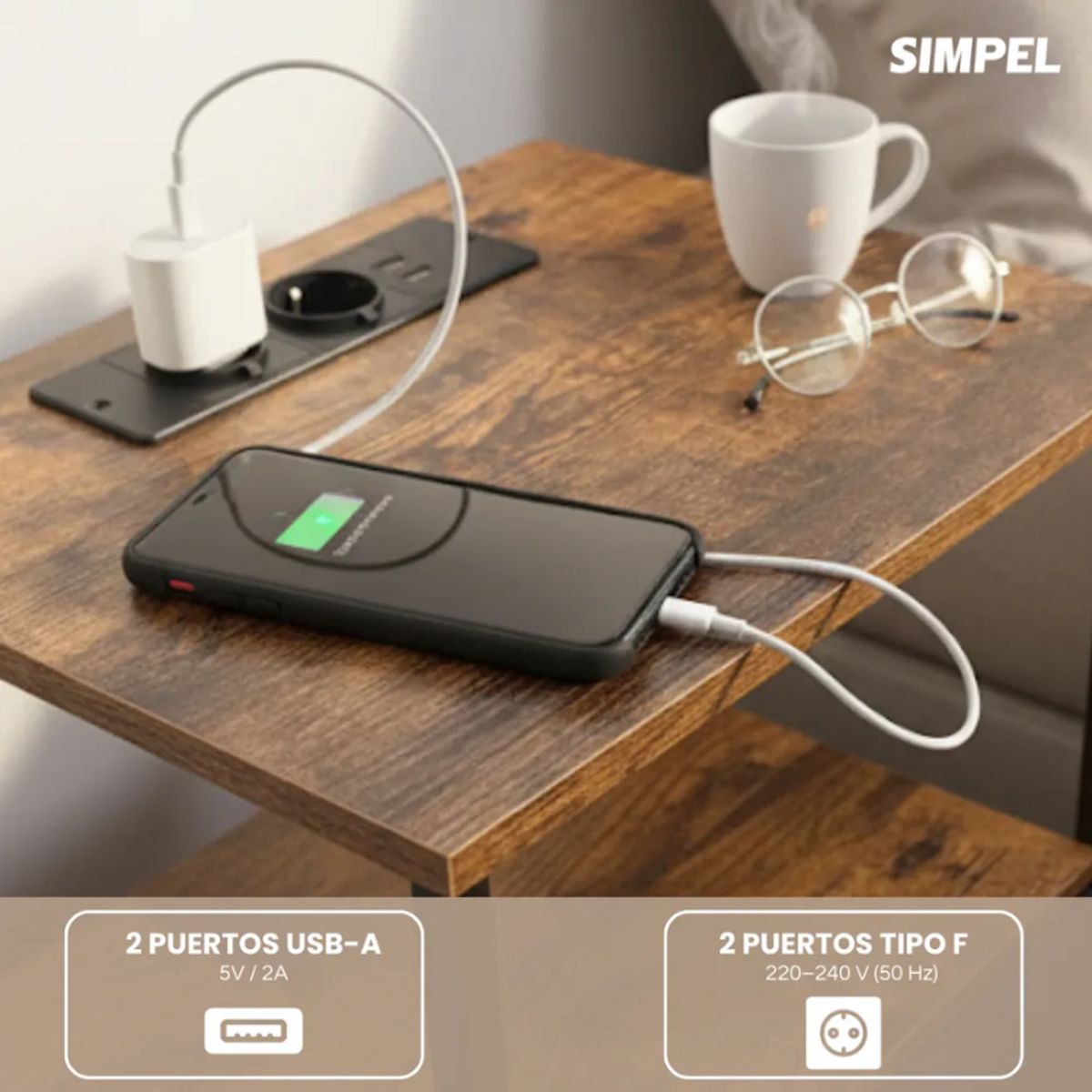 SIMPEL HOME - Velador Con Puerto Usb Y Tomacorrientes Simpel Mesa Noche Mate Café