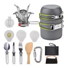 GENERICO - Set de ollas camping 10 piezas con cocinilla y cubiertos