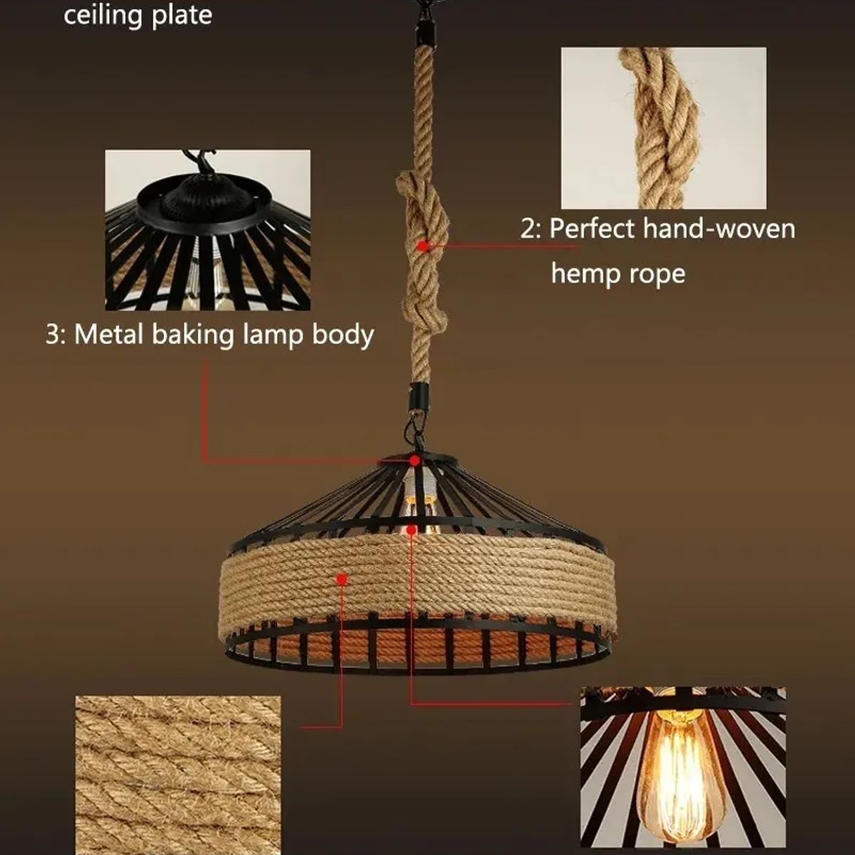 GENERICO - Lampara Colgante Vintage 30cm Aluminio Cáñamo