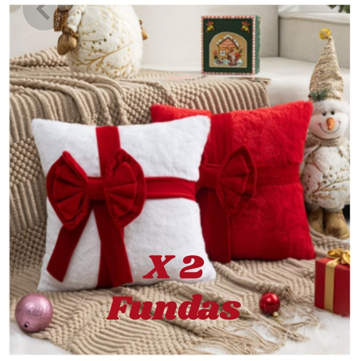ALMA & DECO - Set X 2 Fundas Cojín Navidad Lazo Premium Rojo y Blanco 45x45 Cm..