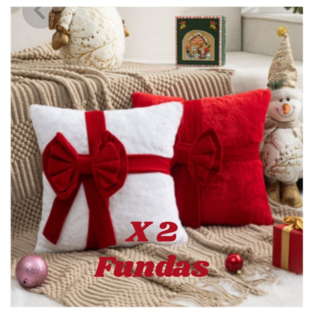 ALMA & DECO - Set X 2 Fundas Cojín Navidad Lazo Premium Rojo y Blanco 45x45 Cm..