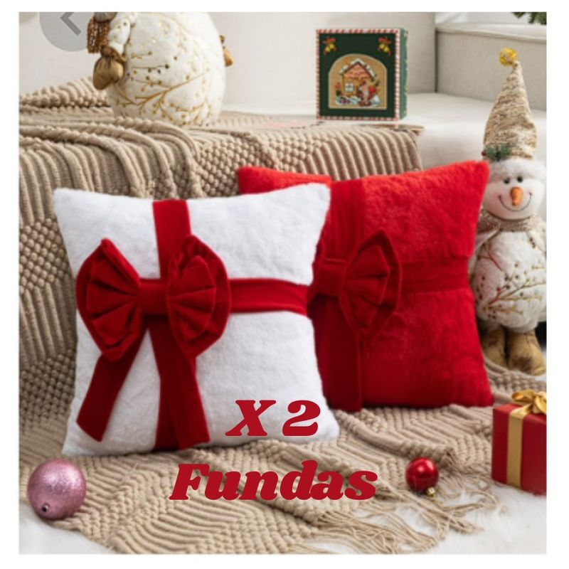 ALMA & DECO - Set X 2 Fundas Cojín Navidad Lazo Premium Rojo y Blanco 45x45 Cm.