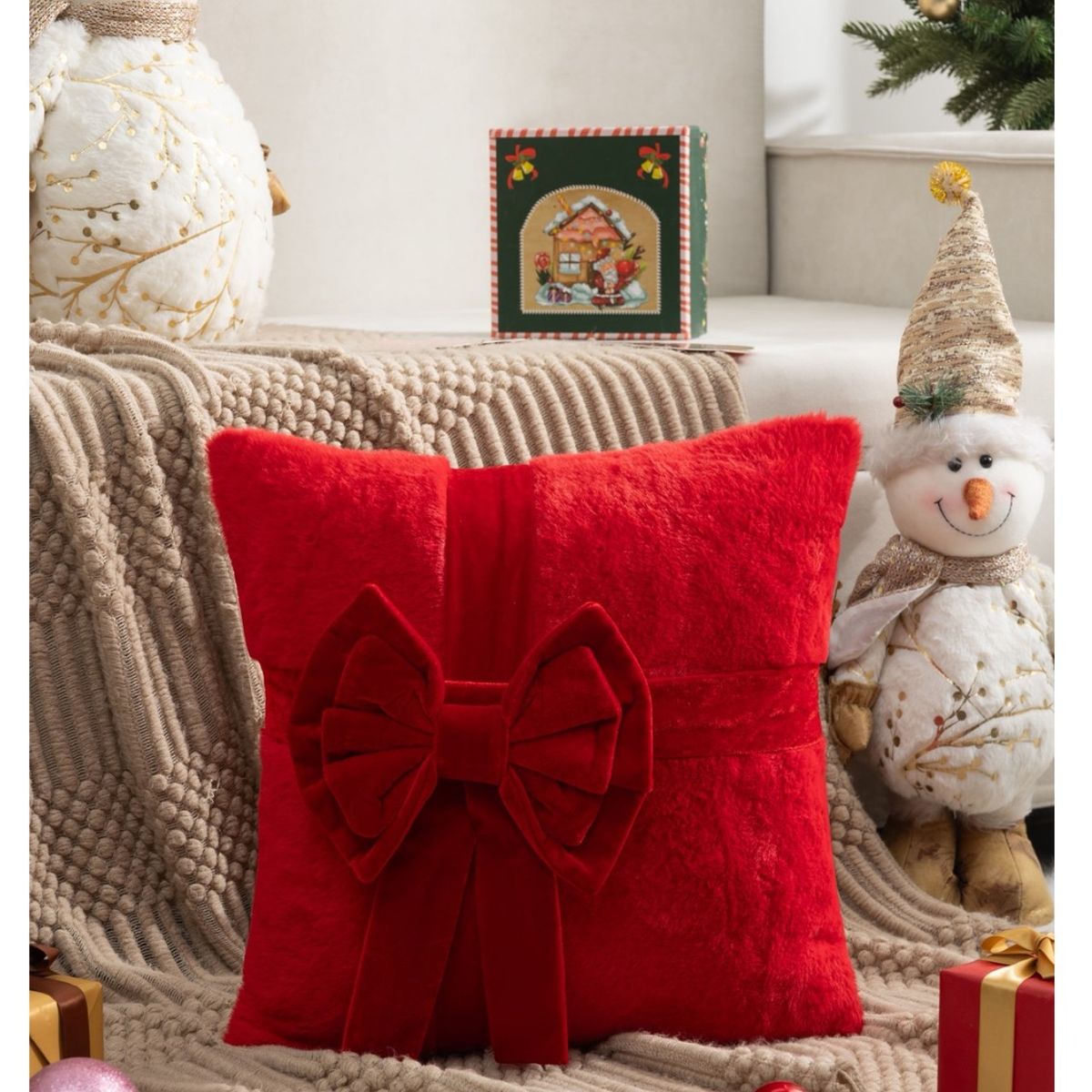 ALMA & DECO - Set X 2 Fundas Cojín Navidad Lazo Premium Rojo y Blanco 45x45 Cm..