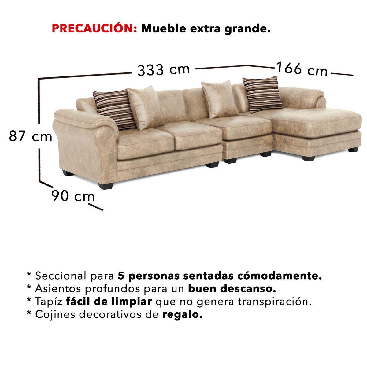 AMERICA DECORA - Sofá Seccional Derecho 5 Cuerpos XL Con Resorte Estructural Grandón Envejecido