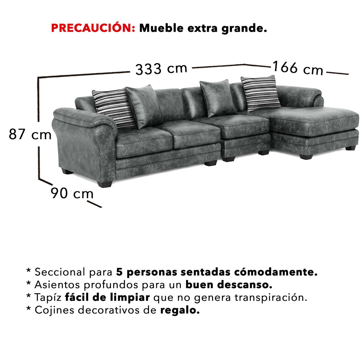 AMERICA DECORA - Sofá Seccional Derecho 5 Cuerpos XL Con Resorte Estructural Grandón Envejecido