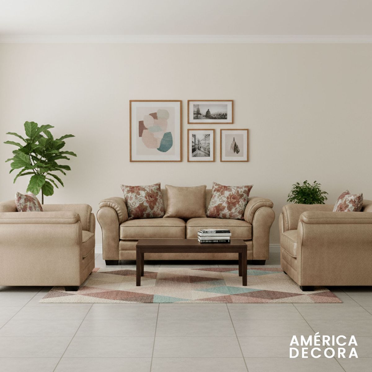 AMERICA DECORA - Living 5 Cuerpos 3+1+1 XL Con Resorte Estructural Grandón Envejecido