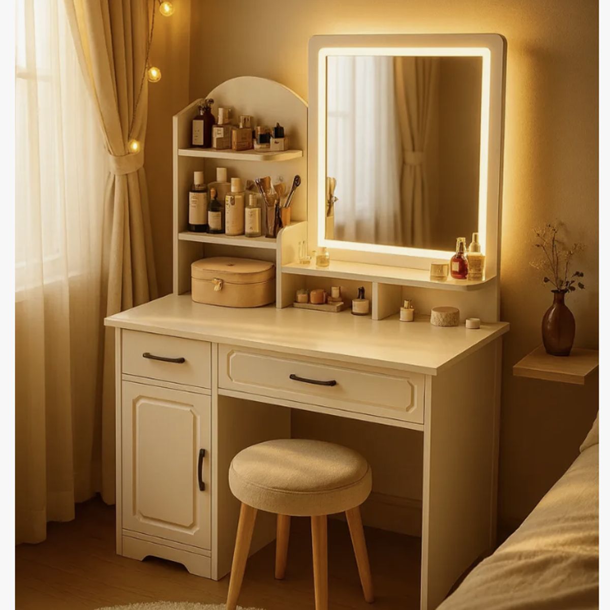HOMER DESIGN - Tocador Espejo Con Luz Con Repisa Y Cajonera 137x80x40cm
