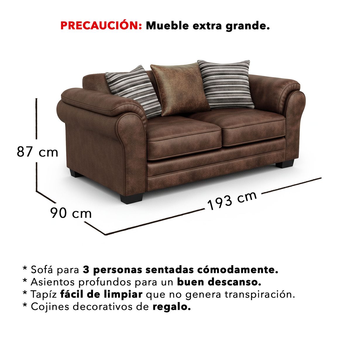AMERICA DECORA - Sofá 3 Cuerpos XL Con Resorte Estructural Grandón Envejecido