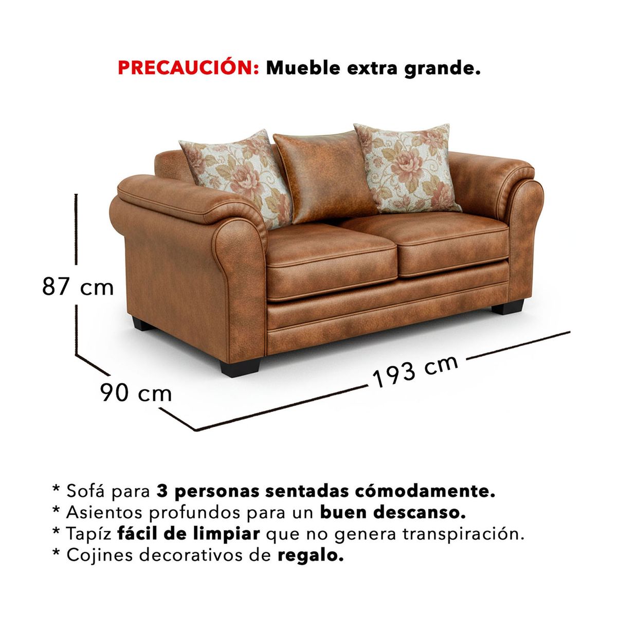 AMERICA DECORA - Sofá 3 Cuerpos XL Con Resorte Estructural Grandón Envejecido
