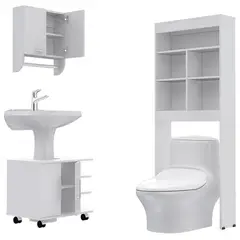 TUHOME - Combo Estante Wc + Mueble Para Lavamanos + Botiquin 2 Puertas Blanco