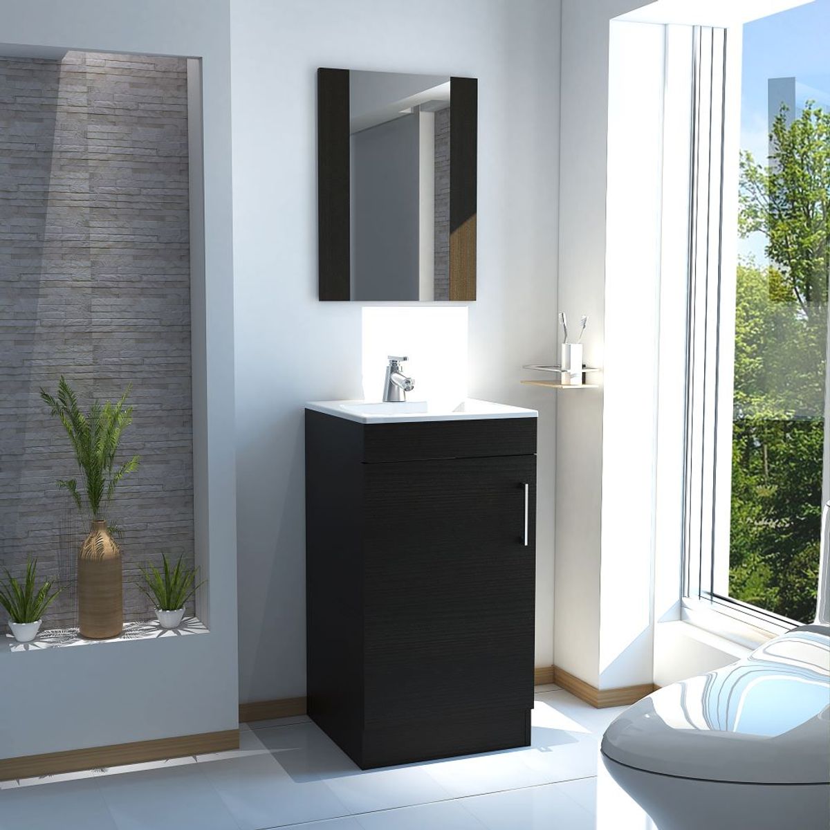 TUHOME - Combo Mueble Vanitorio De Bano 1 Puerta + Espejo  Wengue