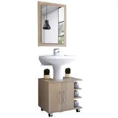 TUHOME - Combo Mueble Para Lavamanos 2 Puertas Y Ruedas + Espejo Rovere