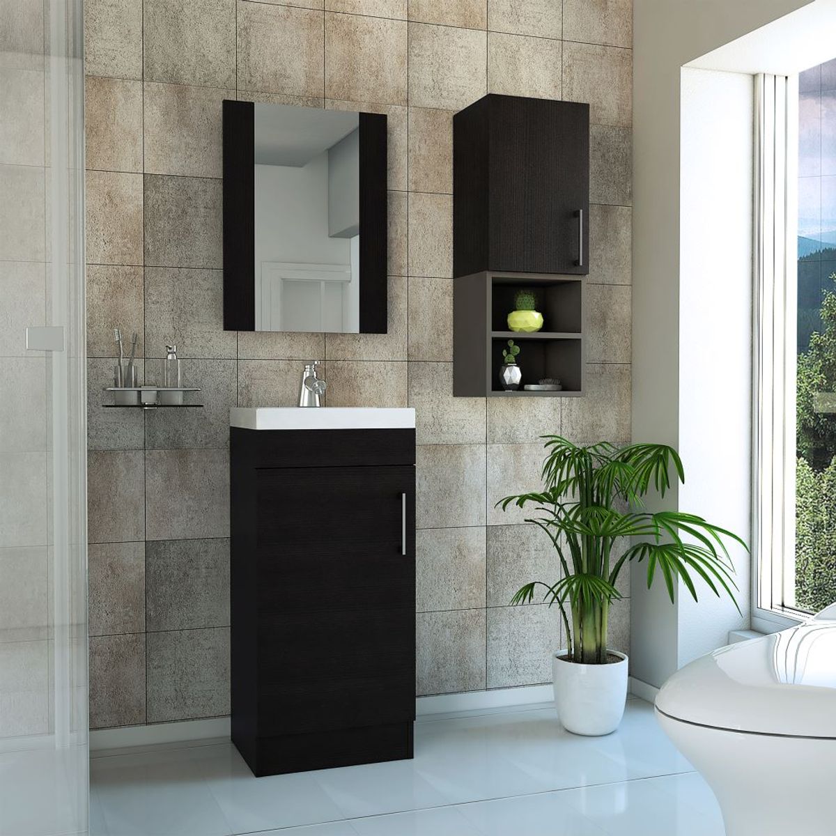 TUHOME - Combo Mueble Vanitorio 1 Puerta + Espejo + Mueble Auxiliar Wengue