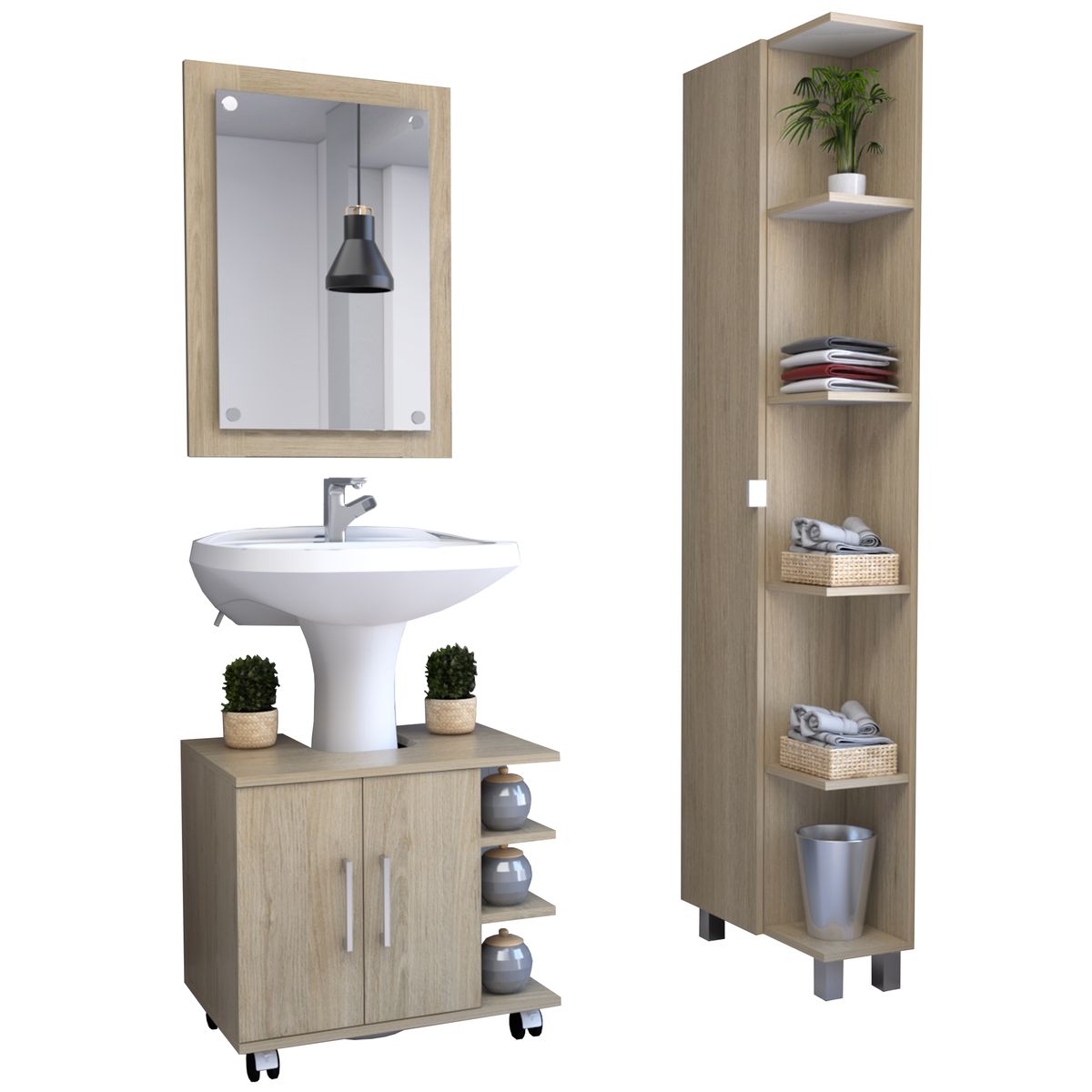 TUHOME - Combo Estante De Bano + Mueble Para Lavamanos + Espejo Rovere